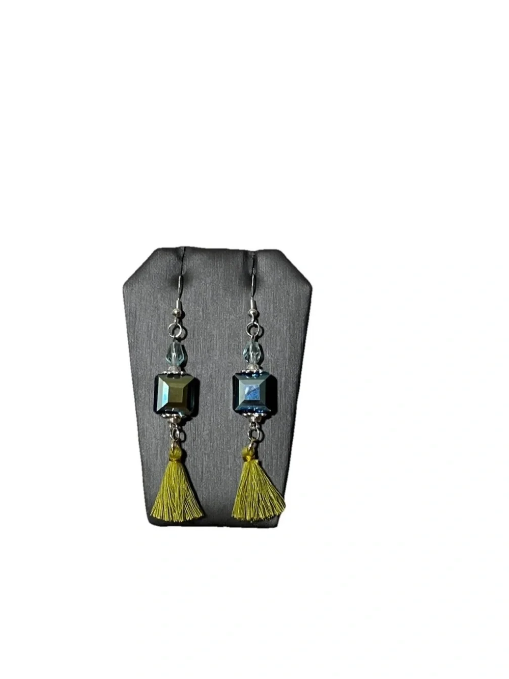 Handcrafted Iridescent Crystal Cube Dangle Earrings Olive Green Tassel Boho